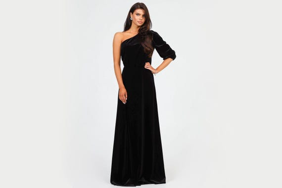 Velvet Black Slit Dress, Elegant One Shoulder Gown
