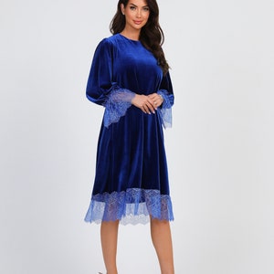 Royal Blue Velvet Short Dress, Cocktail Dress With Lace, Party Dress, Oversized Dress, Midi Velvet Dress, Tunic Dress