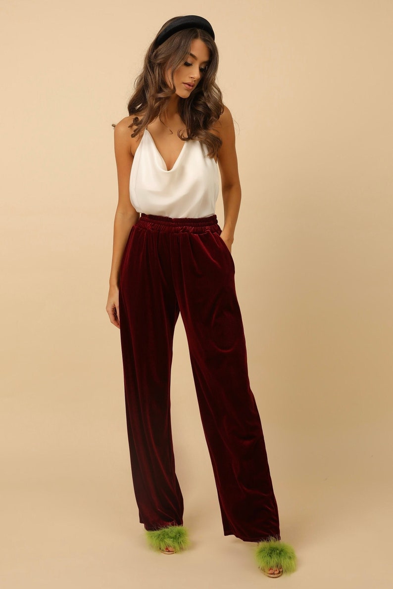 Velvet Women Pants Burgundy Color Velvet Trousers image 1