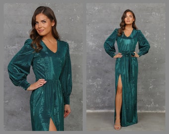 Green Dress, Sparkle Dress, Party Dress, Prom Dress, Engagement Dress, Slit Dress, Long Sleeve Dress, Wedding Guest Dress, Formal Dress