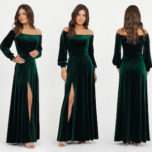 Dark Emerald Green Velvet Dress, Bridesmaid Dress, Off The Shoulders Dress, Wedding Guest Dress, Evening Dress, Slit Dress, Gown Dress