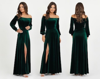 Vestido de terciopelo verde esmeralda oscuro, vestido de dama de honor, vestido fuera de los hombros, vestido de invitada de boda, vestido de noche, vestido con aberturas, vestido de vestido