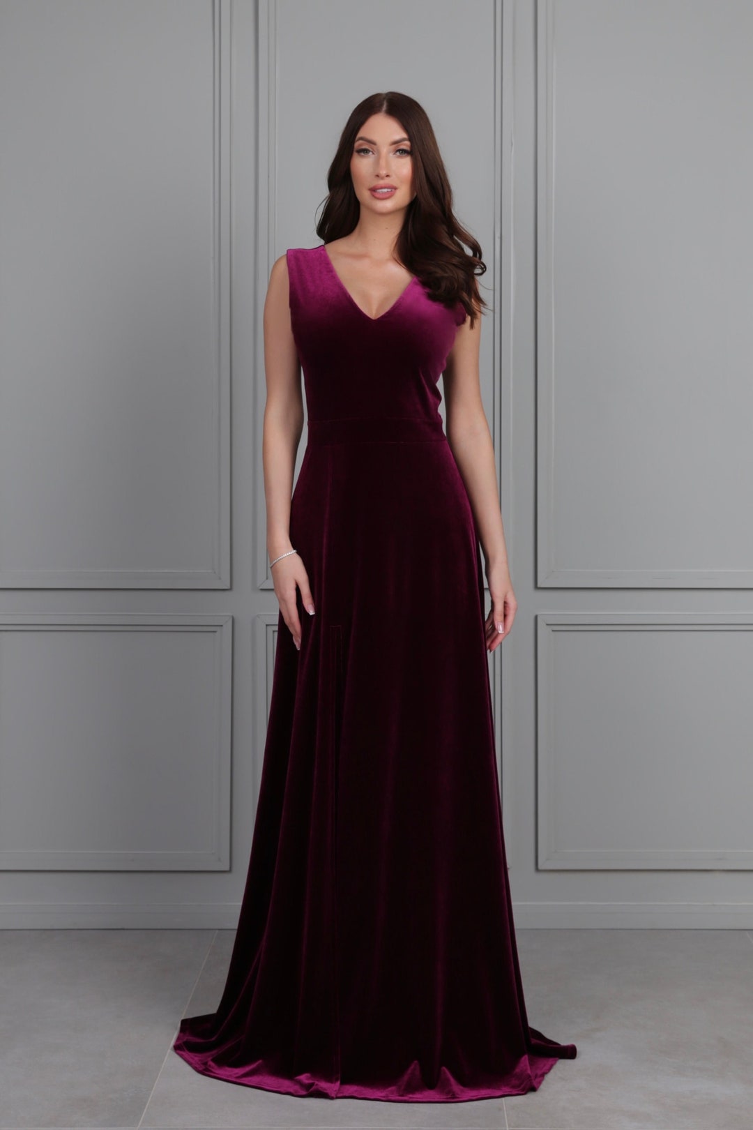 dark purple velvet bridesmaid dress Dark Purple Satin Long Sleeves Beaded Velvet Bridesmaid Dress, Purple main image 0