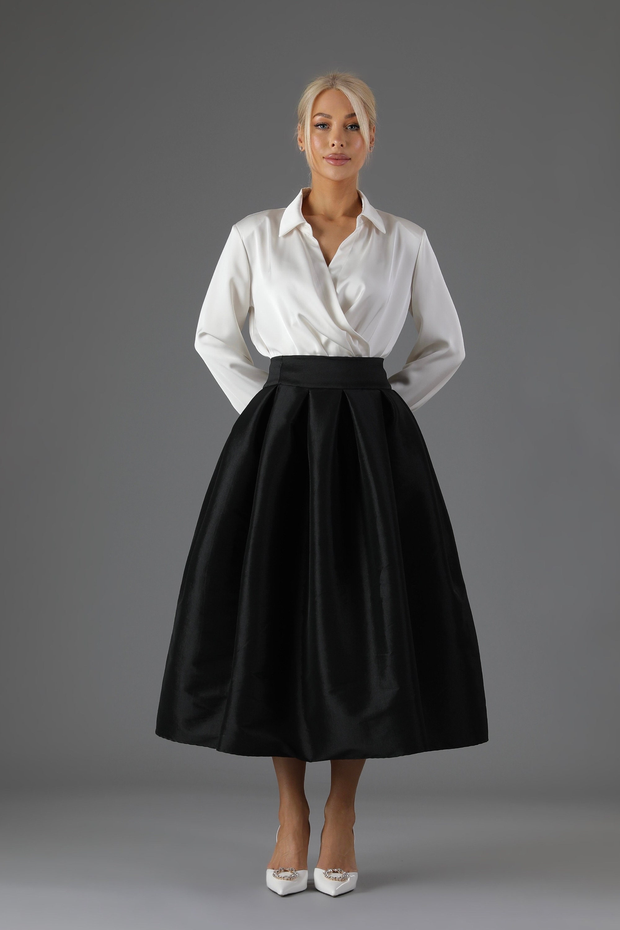 Black Taffeta Skirt With Pockets Skirt for Women Classic Skirt