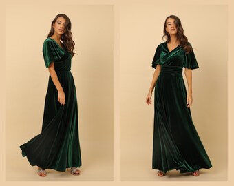 Dark Emerald Green Velvet Dress, Bridesmaid Dress, Evening Dress, Wedding Guest Dress, Velvet Long Dress, Reception Dress, Formal Dress