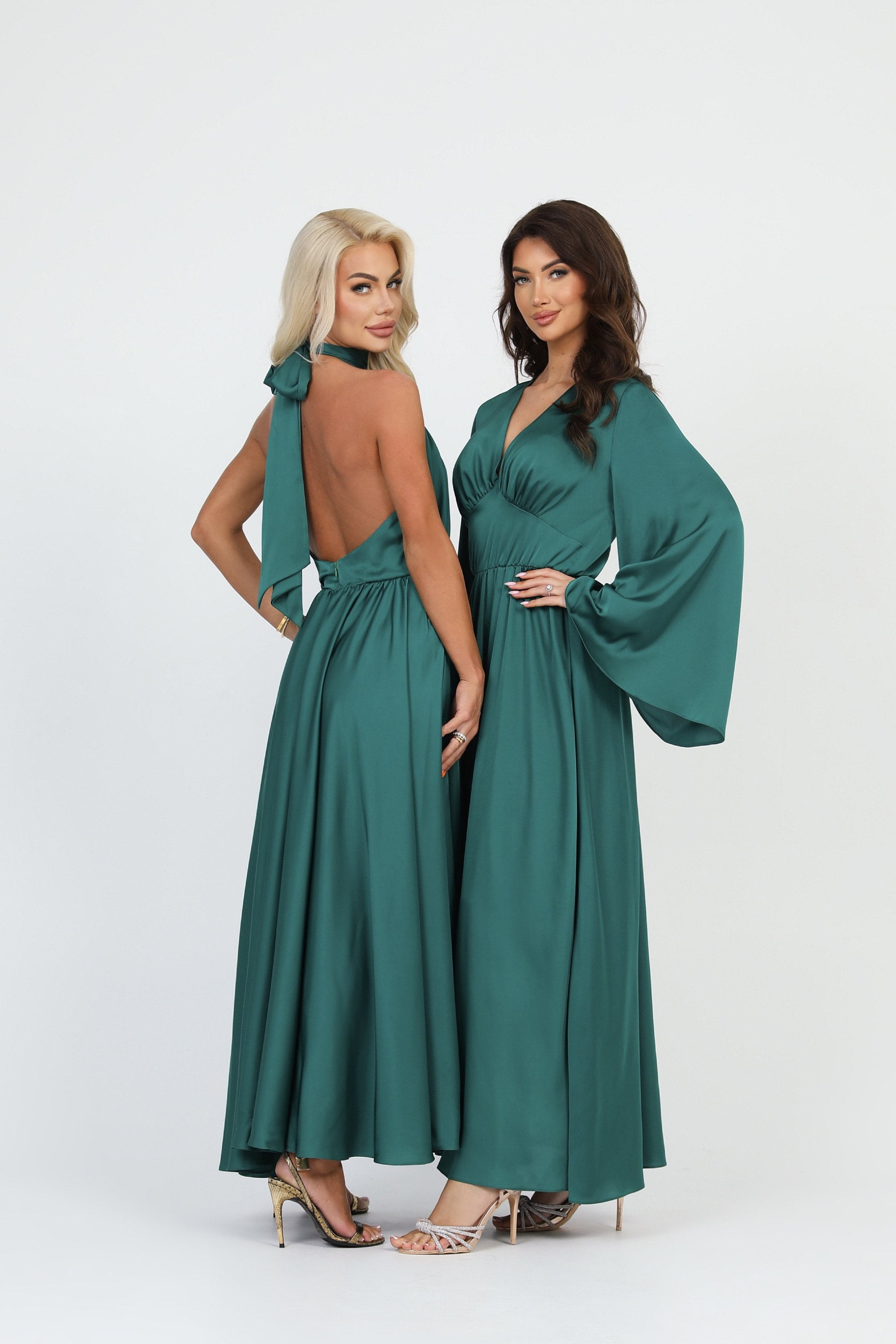 Emerald Green Silk Dress, Full Circle Skirt, Bridesmaid Dress