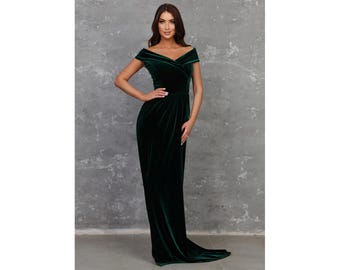 Dark Green Emerald Bridesmaid Velvet Dress High Quality Fabric Dress Open  Shoulder Dress With Lower Slit - Etsy
