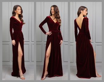 Dark Burgundy Bridesmaid Velvet Dress, Low Back Dress, Wedding Guest Dress, Formal Dress, Evening Dress, Maxi Dress, Wedding Dress