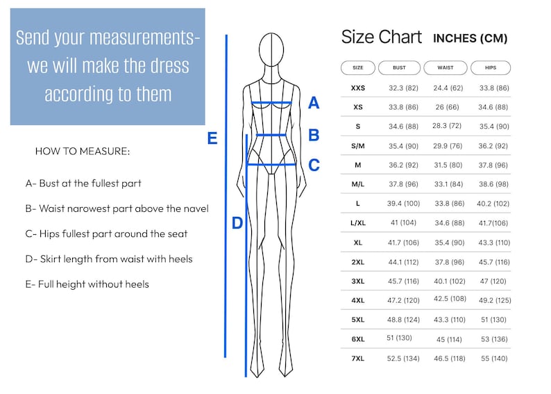 Pode incluir: Tabela de tamanhos com medidas de busto, cintura e quadris em cm. Tamanhos de XXS a 7XL. O texto na imagem diz: "Envie suas medidas - faremos o vestido de acordo com elas."
