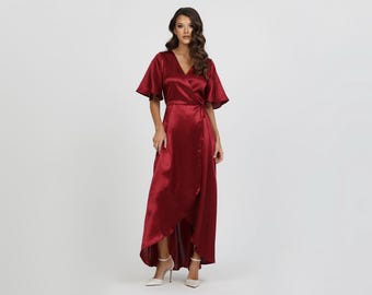 Burgundy Satin Wrap Dress for Women, Elegant midi Maxi Dress, V Neck Short Sleeve Wrap Dress, Evening Wedding Guest Dress