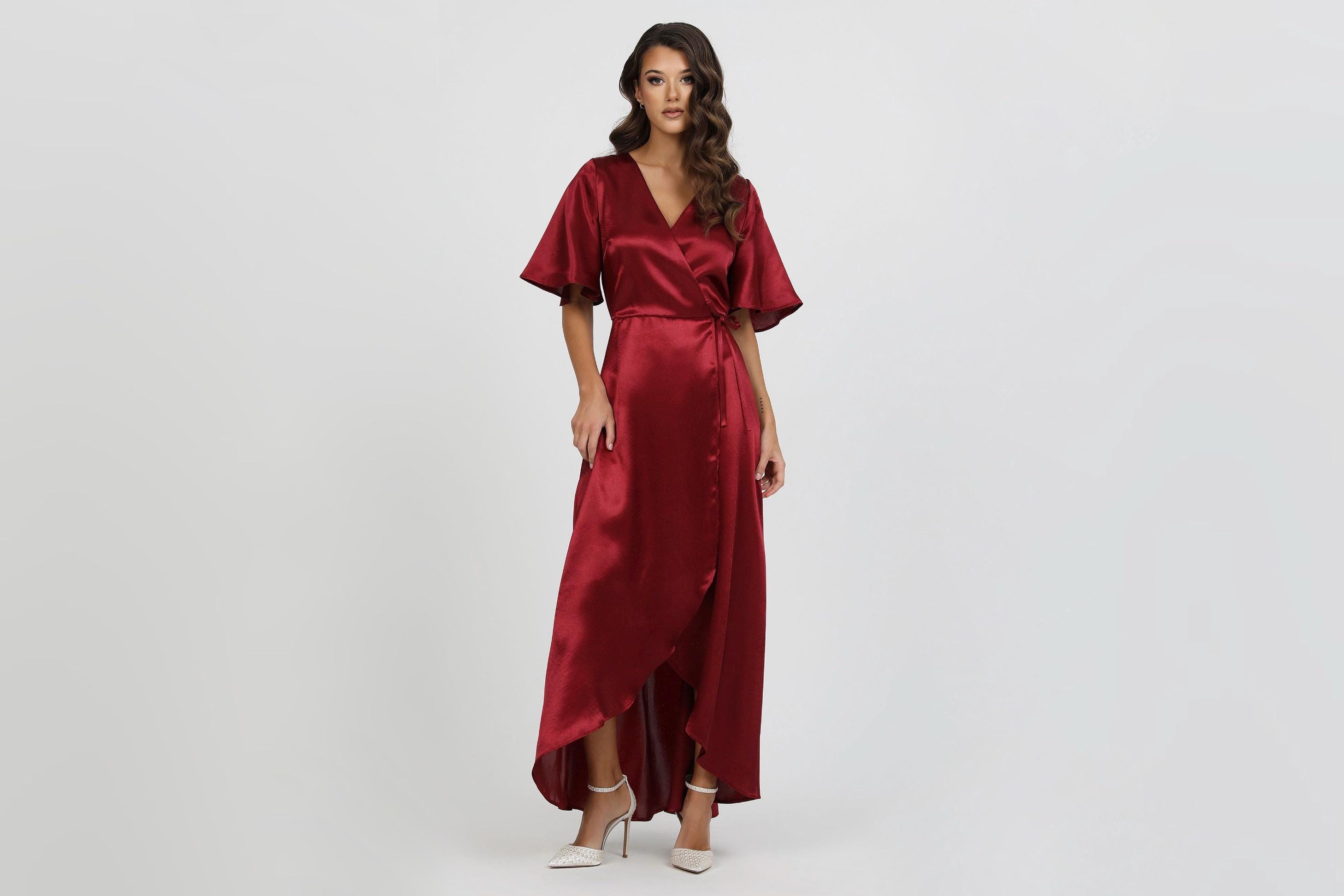 satin wrap dress burgundy Deep Burgundy Satin Long-Sleeve Wrap Midi-Dress main image 1