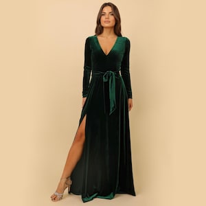 Dark Emerald Green Velvet Dress, Bridesmaid Dress, Evening Dress, Slit Dress, Wedding Guest Dress, Velvet Long Dress, Reception Dress