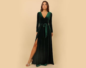Dark Emerald Green Velvet Dress, Bridesmaid Dress, Evening Dress, Slit Dress, Wedding Guest Dress, Velvet Long Dress, Reception Dress