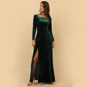 Dark Emerald Green Bridesmaid Dress, Velvet Dress, Wedding Guest Dress, Velvet Long Dress, Slit Dress, Evening Dress, Formal Dress