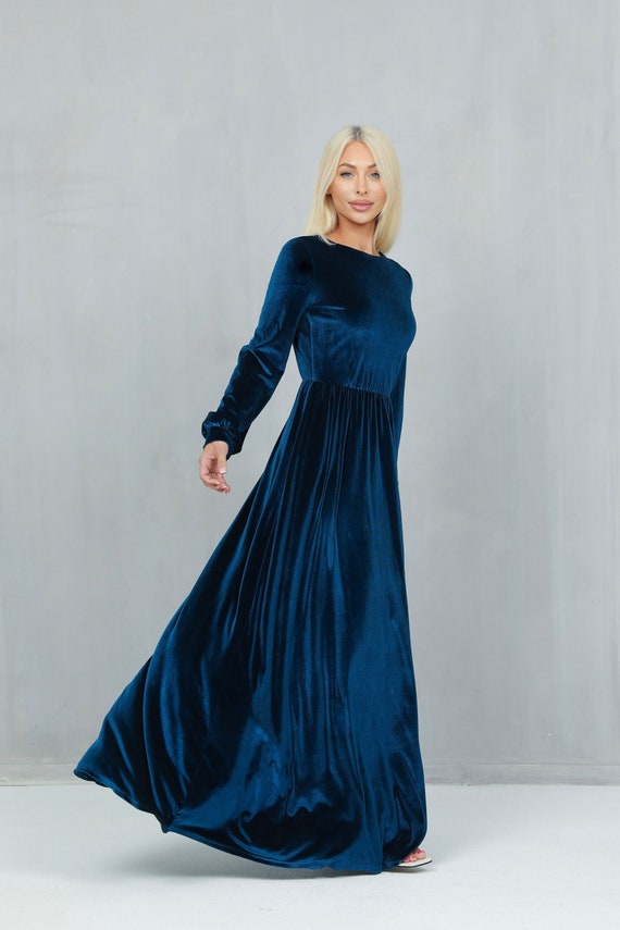 blue dress for baby girl A Line Sheer Neck Ankle Length Velvet Bridesmaid Dresses