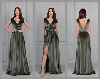 Dusty Sage Green Dress, Velvet Dress, Bridesmaid Dress, Wedding Guest Dress, Evening Dress, Velvet Long Dress, Formal Dress, Low Back Dress