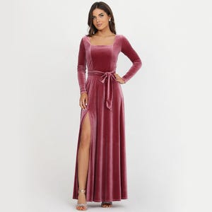 Chianti Bridesmaid Velvet Dress, Slit Dress, Velvet Long Dress, Wedding Guest Dress, Evening Dress, Square Neck Dress
