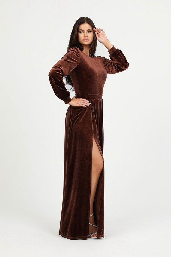 brown velvet wedding guest dress One Shoulder Velvet Wedding Guest Dress With Slit, Burnt_Orange