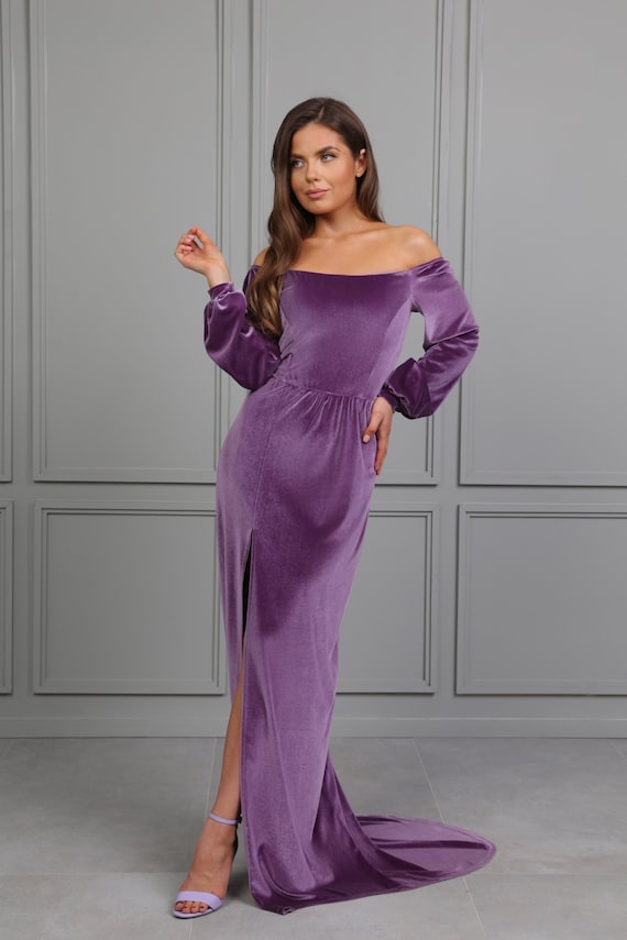 navy blue dress for baby girl Bridesmaid Velvet Dress Violet Off The Shoulder Dress, Wedding Guest Dress, Slit Dress, Velvet Long Dress, Formal Dress, Evening Dress