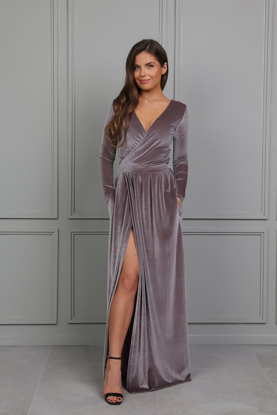 Bridesmaid Velvet Dress, Evening Dress, Slit Dress, Wedding Guest Dress, Velvet Long Dress, Reception Dress, Dress With Pockets