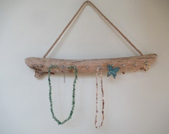 Round Wall Hanging Jewelry Organizer Driftwood Jewelry Display 10 Hooks Key Holder Driftwood Beach Decor 19"