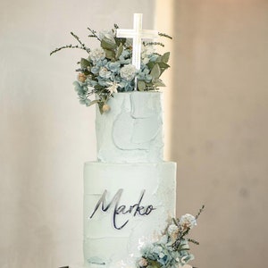 Cake topper religioso, topper incrociato con acquaforte combinata con il nome del bambino