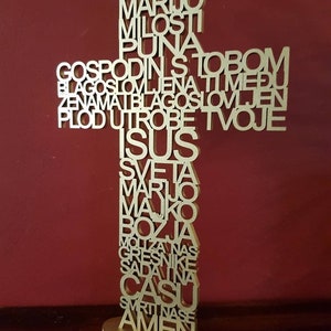 Zdravo Marijo križ wooden stencilled cross with a base. Hail Mary prayer, Zdravo Marijo cross with base. Križ sa postoljem