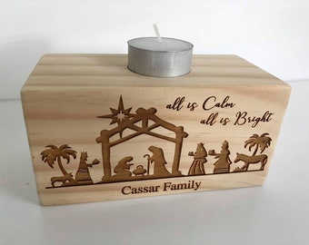 Tealight candle holder with Nativity scene. Christmas Nativity scene engraved