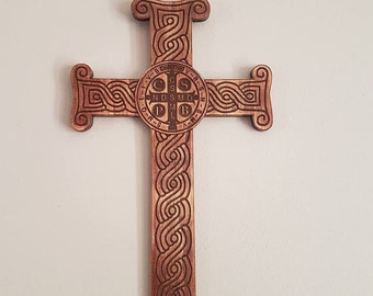 wooden Wall crosses with Croatian Pleter and St Benedict center