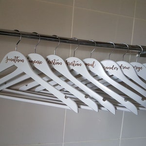 white laser engraved bridal wooden coathangers