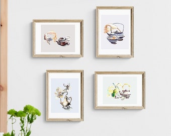Set of 4 A4 tea time prints. Tea pot animal illustration. Fairytale Tea lover gift. Modern boho wall art. Tea room decor. Housewarming gift