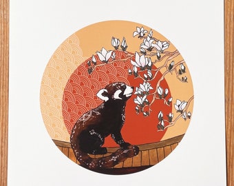 Red panda print. Japanese sun style art. Housewarming gift. Red panda wall decor. Spring illustration. Magnolia tree art. Nursery wall art