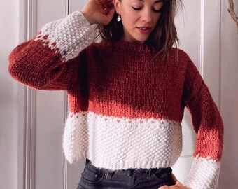 Burnt orange and white jumper. Cropped wool sweater. Merino, alpaca and cotton pullover. Slow fashion outfit for her. Mum gift for daughter