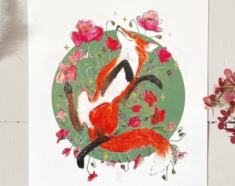 Fox in Poppies A4 print. Happy fox illustration. Fox lover gift. Cottagecore fox wall art. Good vibes fox. Forestcore art print. Fox magic.