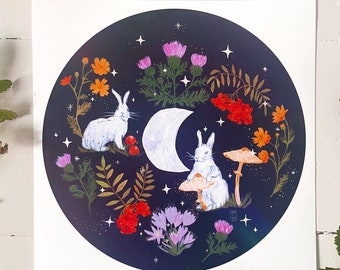 Autumn rabbits illustration. Year of the rabbit zodiac sign. Cottagecore bunnies print. Fall wall decoration. Forestcore mushrooms wall art
