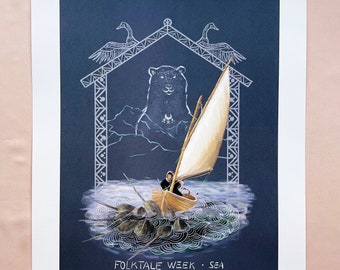 Folktale Sea art print. Limited edition A3 print. Sea folklore wall art.Sailing ocean print. Narwhal decor gift.Winter storybook aesthetics