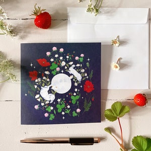 Rabbits in Summer note card. Sleeping bunnies card. Floral greeting card. Summer flowers card. Year of the rabbit sign. Cute rabbits card.