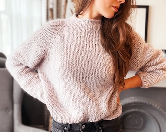 Minimalist chunky jumper. Hand knit alpaca wool sweater. Loose fit knit. Spring style. Rose gold ladies clothes. Slow fashion gift for her.