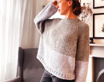 Oversized grey sweater. Hand knitted wool jumper. Minimalist alpaca sweater. Puffy sleeves pullover. Ladies spring outfit.Ready to ship gift