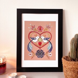 Love birds A4 print. Nordic style wall art. Love heart illustration. Scandi folk art print. Engagement gift for couple. Bedroom wall decor. image 4