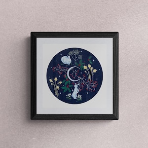 Winter rabbits print. Moon phases wall art. Cottagecore rabbit art. Whimsical woodland wall art. Forestcore home decor. Housewarming gift.