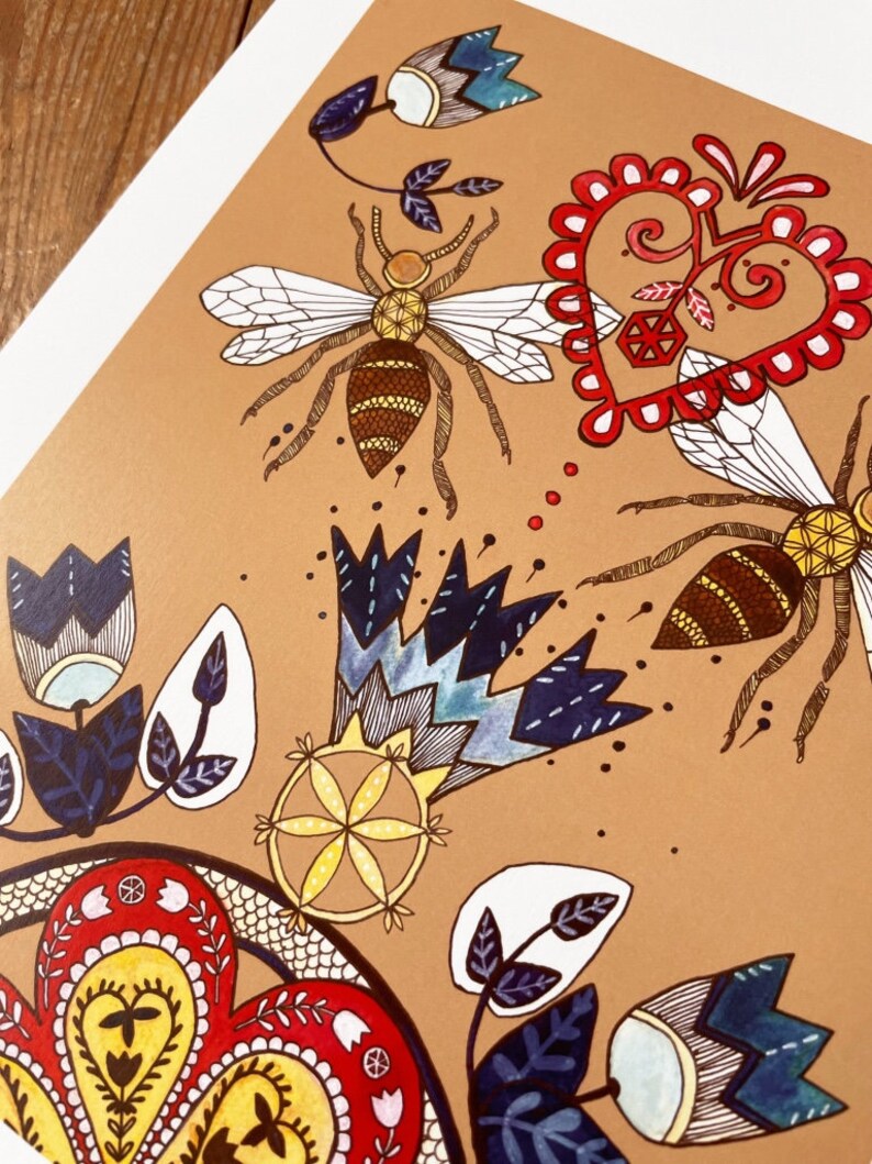 Bee love A4 print. Bee kind self care illustration. Scandi wall art. Modern hygge folk wall decor. Housewarming gift for couples. Rustic art image 2