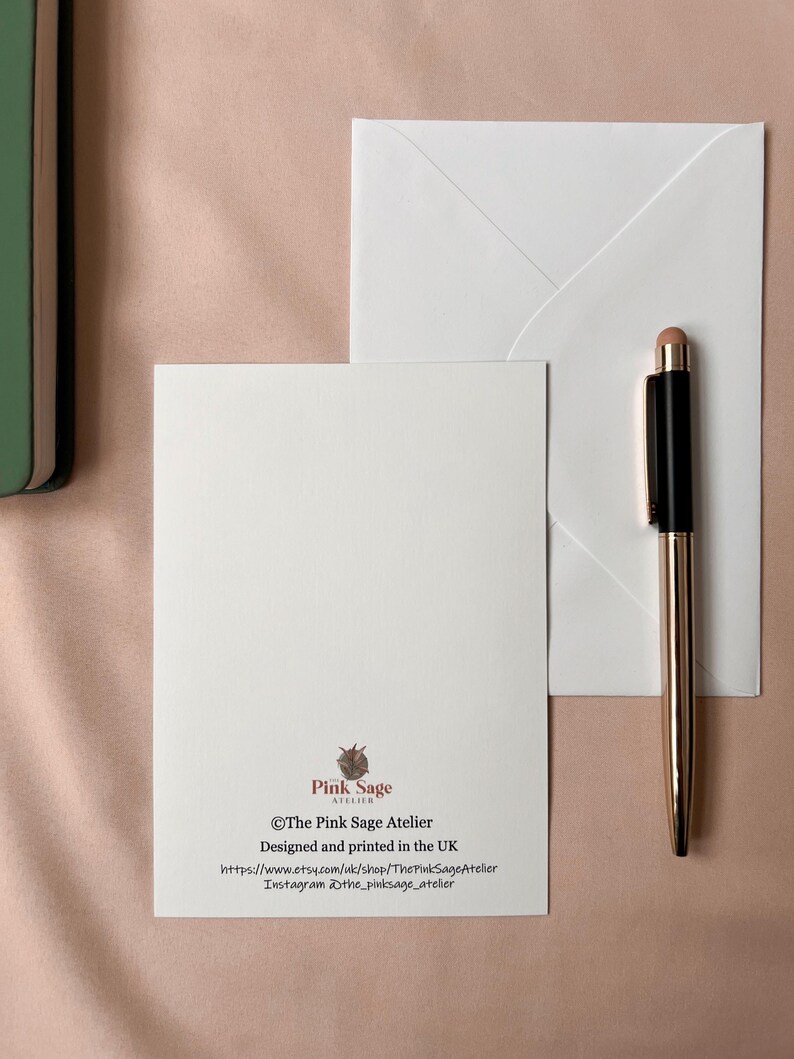 the back of the postcard showingThe Pink Sage Atelier logo and contact details