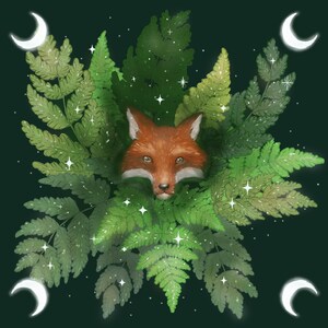 Illustration of a fox's head peeking out of ferns. Dark green background, with a crescent moon in each corner.