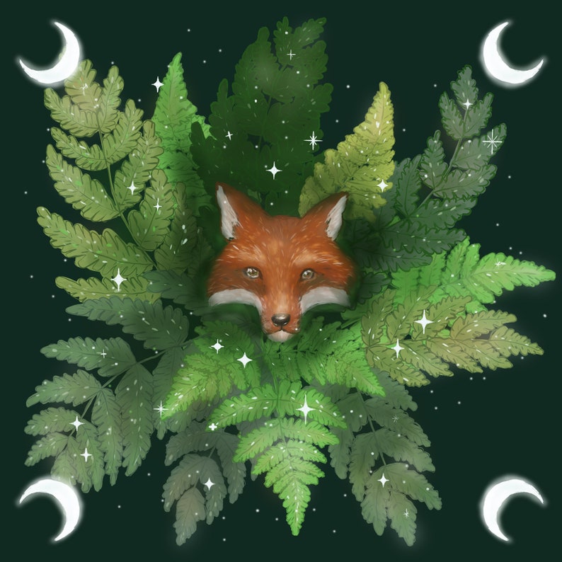 Illustration of a fox's head peeking out of ferns. Dark green background, with a crescent moon in each corner.