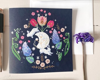 Rabbits in Spring note card. Spring flowers greeting card. Year of the rabbit illustration. Cute rabbits birthday card. Easter bunny card.