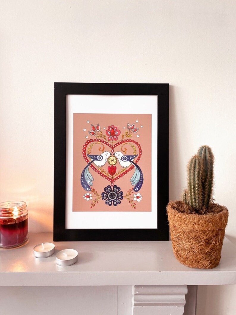 Love birds A4 print. Nordic style wall art. Love heart illustration. Scandi folk art print. Engagement gift for couple. Bedroom wall decor. image 4