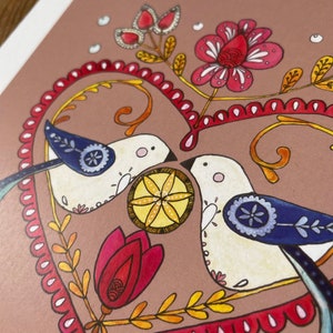 Love birds A4 print. Nordic style wall art. Love heart illustration. Scandi folk art print. Engagement gift for couple. Bedroom wall decor. image 3