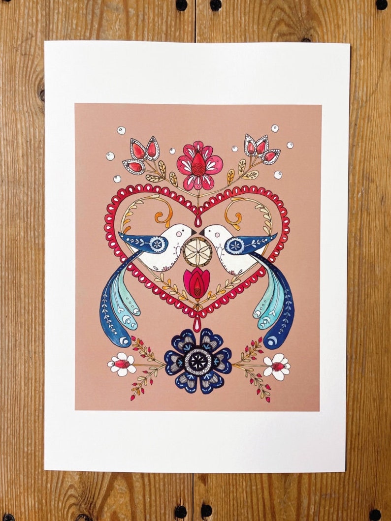 Love birds A4 print. Nordic style wall art. Love heart illustration. Scandi folk art print. Engagement gift for couple. Bedroom wall decor. image 1