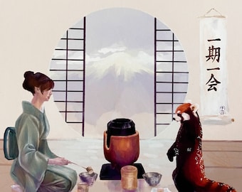 Red panda Japanese Tea Ceremony print. Mount Fuji illustration. Japanese wall art. Red panda travel art. Housewarming gift. Cute dorm decor.